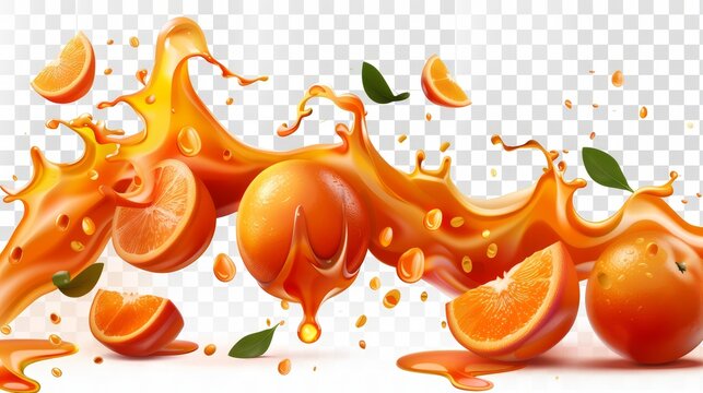 Modern illustration of a red orange liquid fruit juice splash flow isolated on transparent background. Tomato smoothie falling swirl elements design.