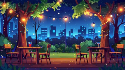 In a city park at night, a cafe is set up with wooden chairs and tables, a cake, cocktail glasses and trees decorated with garland lights. In the background, a cityscape can be seen.