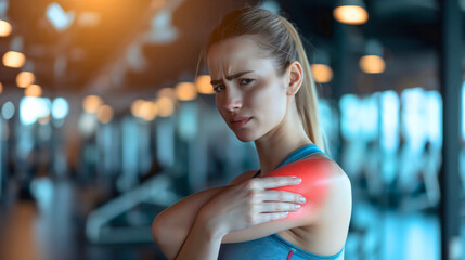 Young woman holding hand on a red pain area on a shoulder, female fitness athlete injury in the gym during exercise or training. Workout accident, painful joint massage, sore inflammation, copy space - Powered by Adobe