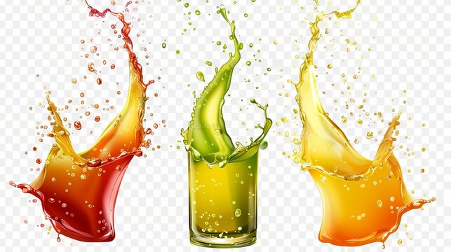 An illustration of olive oil, lemonade, fruit juice, wine, beer, petrol, waves with droplets, isolated on a transparent background. Advertisement for vitamin drinks.
