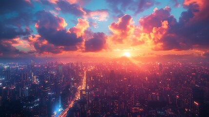 An expansive urban skyline under the enchanting colors of a late sunset, portraying the city as a hub of activity and potential. - obrazy, fototapety, plakaty