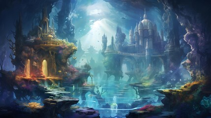 illustration of a fantasy lake with a temple in the background.