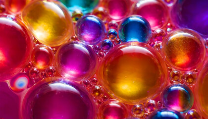 Lliquid with multi-colored bubbles on the surface, abstract bright colorful background