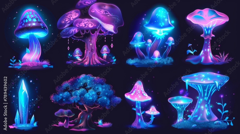 Aufkleber forest mushroom and tree game modern set. fairy tale alien planet world clipart design with psychede