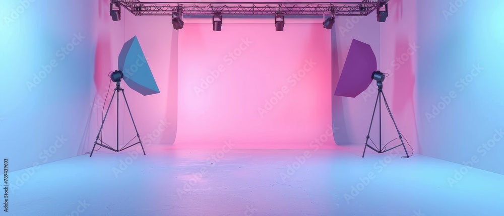 Poster photographer in an empty studio on a pastel colored background. 3d rendering.