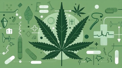 Cannabis Leaf Highlighting Medicinal Properties in Harmony with Medical Symbols