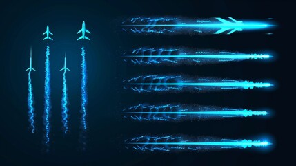 A realistic airplane condensation trail set against a black background. Illustration of neon blue smoke lines left by aircraft, rocket contrails, rocket flight, space missions, speed effect, and - obrazy, fototapety, plakaty