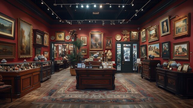 An intimate view of a boutique art gallery filled with impressionist paintings and small, exquisite sculptures.