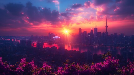 An expansive urban skyline under the enchanting colors of a late sunset, portraying the city as a hub of activity and potential.