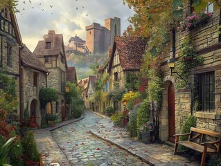 A painting of a small town with a cobblestone street and houses with red roofs. The painting has a peaceful and quaint atmosphere - obrazy, fototapety, plakaty