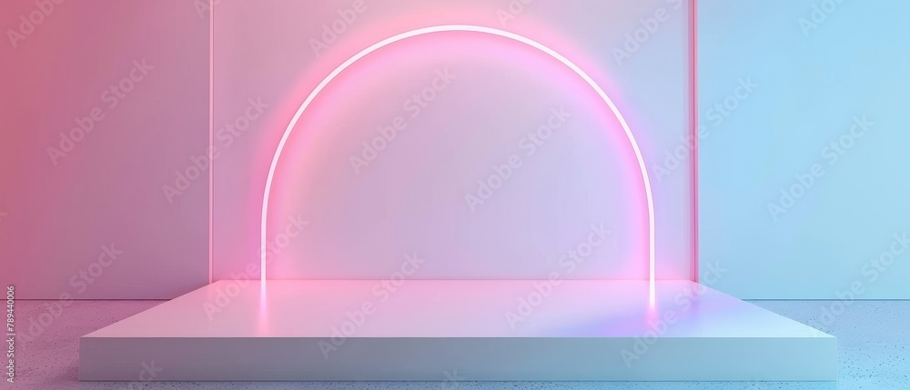 Poster Product stand with neon lights on pastel colors. 3D rendering.