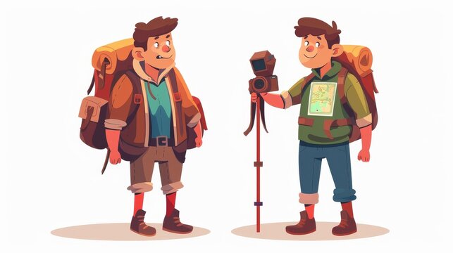 An illustration showing a tourist character with a backpack and map. He holds a camera ready for a journey adventure icon. An image showing an active boy and a fat young male hiker photographer