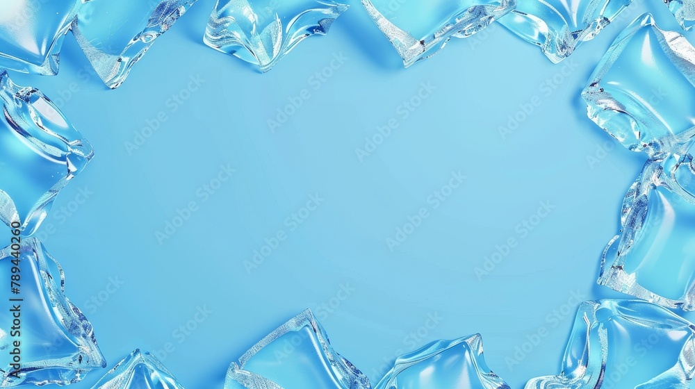 Poster realistic frozen water drink square frame isolated on 3d ice cube background. fresh translucent ice 