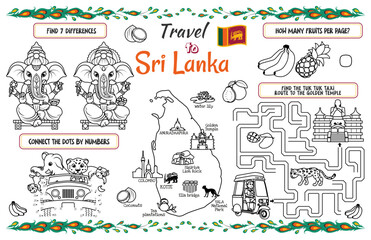 A fun placemat for kids. Printable to “Travel to Sri Lanka” activity sheet with a labyrinth, find the differences and connect dots. 17x11 inch printable vector file