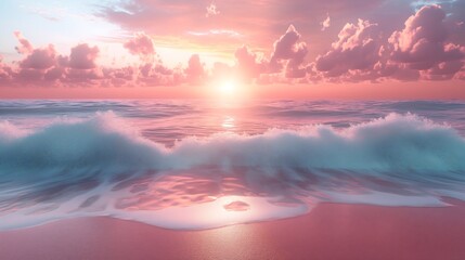 Capture the early morning tranquility of a deserted beach as the sun rises, illuminating the sea in shades of pink and gold. - obrazy, fototapety, plakaty