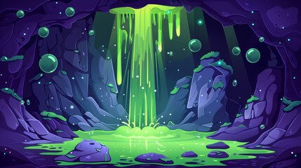 Fantasy poisonous dungeon with green waterfall flow and underground stream design. Adventure inner rock mountain scene with glowing sewage river and bubbles.