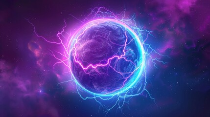 Stunning circle electric bolt energy explosion. Power ball with spark modern effect isolated on white background. 3D thunder discharge. Neon laser flash of purple, pink, and blue lightning bolts.