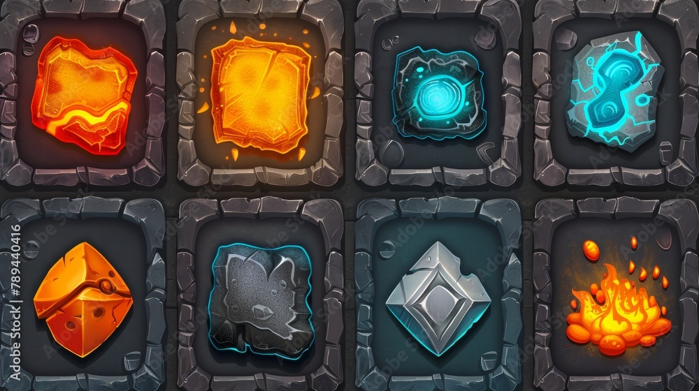 Poster incorporating lava texture into game interface. volcano board crack ui button cartoon illustration s