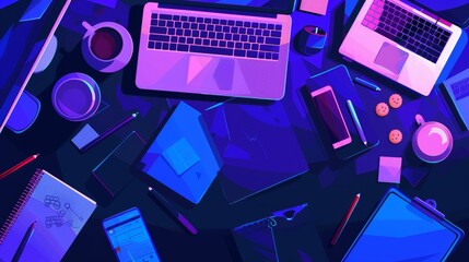 An illustration showing the top view of a designer's workspace at night. Modern cartoon illustration shows an organized desk with a drawing tablet, piles of notebooks, sticky notes, a coffee and