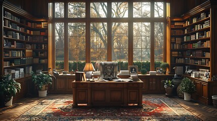 Capture the scholarly environment of a university professor's office, featuring a large, well-organized bookshelf filled with academic books and artifacts.