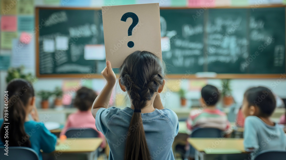 Wall mural Little preschool girl standing in a classroom, female kid holding a question mark symbol or sign. Ask and receive an answer, search for a solution to a problem. Confused child learning, curious