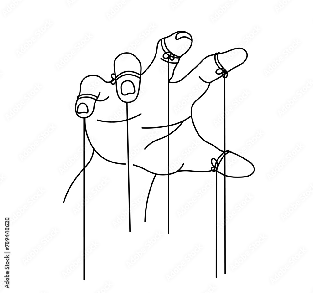 Poster vector isolated one single hand with puppet strings colorless black and white contour line easy draw