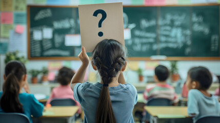 Little preschool girl standing in a classroom, female kid holding a question mark symbol or sign....