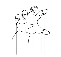 Vector isolated one single hand with puppet strings  colorless black and white contour line easy drawing