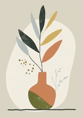 Abstract Botanical Leaves and Stylized Vase Art