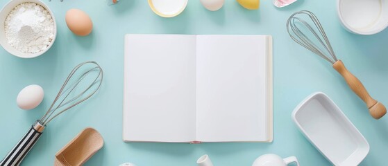 Atop a pastel blue background, baking tools are seen with a blank book. 3D rendering.