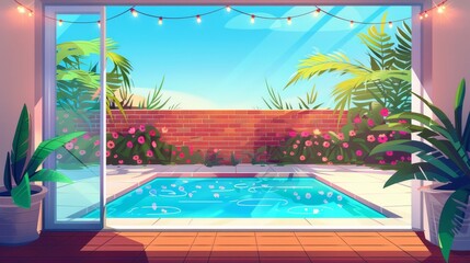 The backyard swimming pool is behind an open glass door. This modern illustration shows a patio with wooden floor, tropical garden with palm trees and flowers, brick fence, garland lights, and a