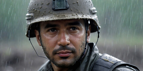 portrait of unemotional soldier in hardhat covered in mud looking at camera in the rain - obrazy, fototapety, plakaty