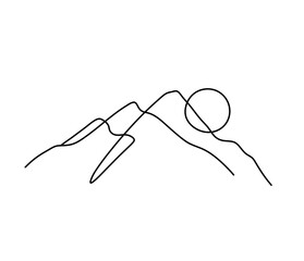 Vector isolated mountains with sun or moon one single contemporary line art colorless black and white contour line easy drawing