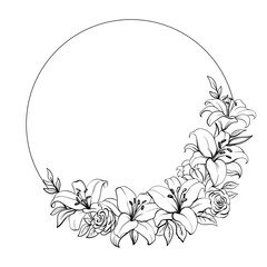 Circle floral frame wreath with lilies. monochrome line art, floral wreath. Botanical Border. Silhouette Wedding Decor