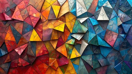 A colorful mosaic of triangles and polygons, interlocking in a mesmerizing pattern.