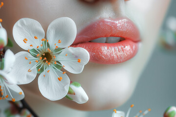 Close up of female lips with a white spring flowers, concept of female beauty and lip cosmetology