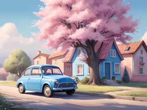 watercolor. a cute pink house cute blue car and a cute tree.