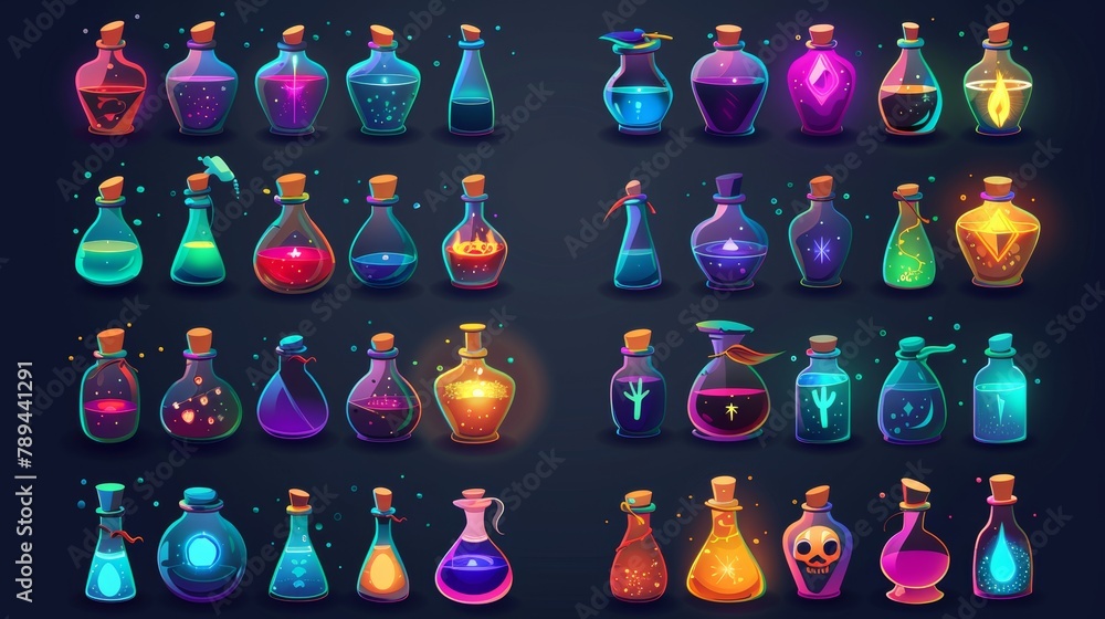 Aufkleber set of magic game elixir potion bottle cartoon icons. medicine flask with poison 2d ui modern illust