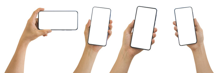 Collection of Male hand holding smart phone with white blank empty screen Isolated on transparent background. PNG File
