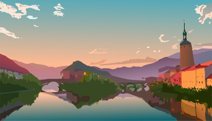 Sunset over the European city view