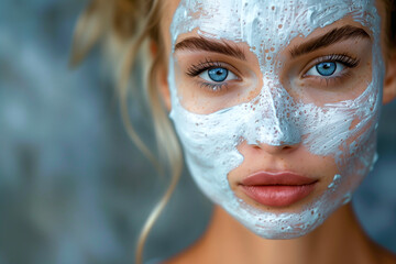 Beautiful woman's face with blue white cream mask applied to the skin, home and professional skin care concept. Copy space