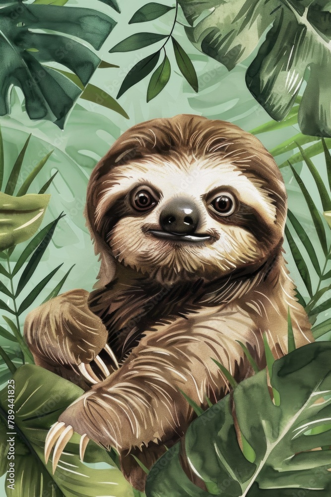 Poster a sloth hanging from a tree branch. suitable for nature and wildlife themes