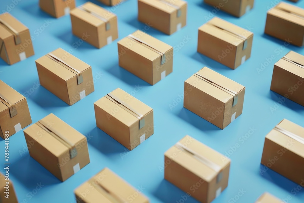 Poster a collection of brown boxes on a blue surface. ideal for packaging and storage concepts