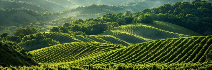 Rolling Vineyards Panoramic view of lush vineyards rolling over gentle hills, the rows forming rhythmic patterns that invite the viewer to explore the depths of the scene - obrazy, fototapety, plakaty