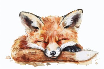 Peaceful sleeping fox in a watercolor painting. Suitable for nature and animal themes