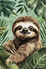 Naklejka premium A sloth hanging from a tree branch. Suitable for nature and wildlife themes