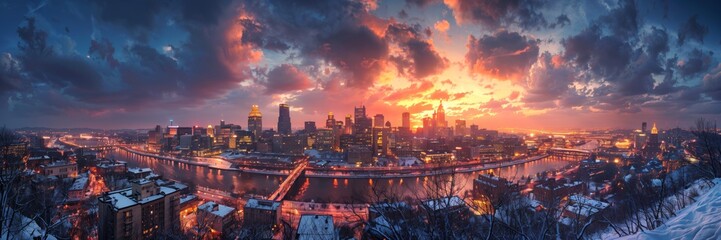 Sweeping Cityscape at Twilight A panoramic view of a bustling city as twilight sets in, with lights beginning to twinkle and long shadows casting across the skyline