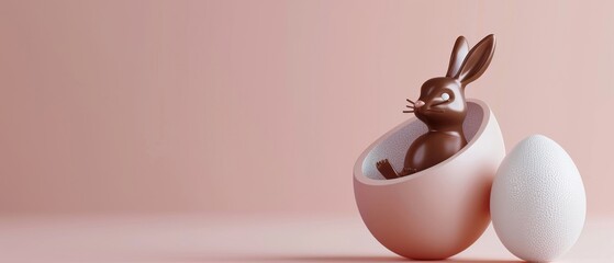 Easter minimal concept. A chocolate bunny with a pastel egg on a white bright background. 3D rendering.