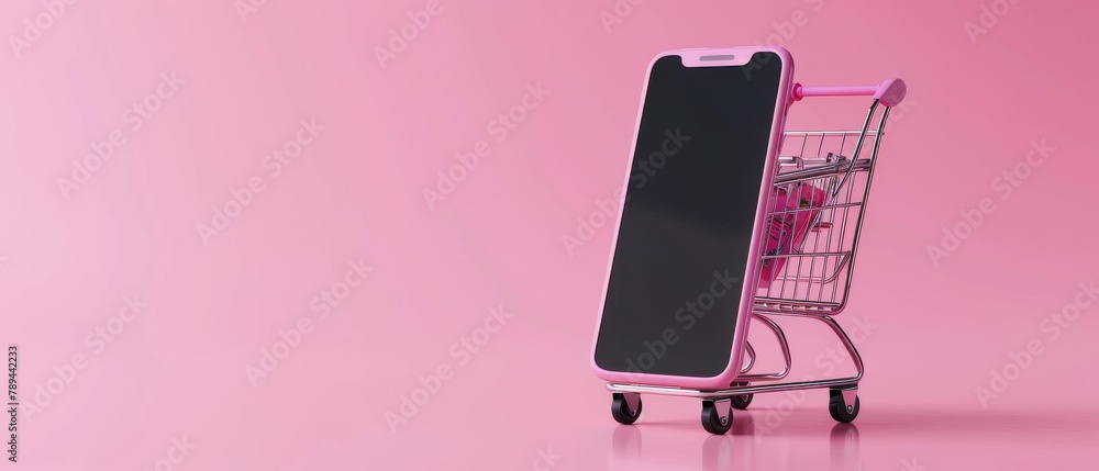 Poster an iphone with a shopping cart on a pink background. 3d rendering