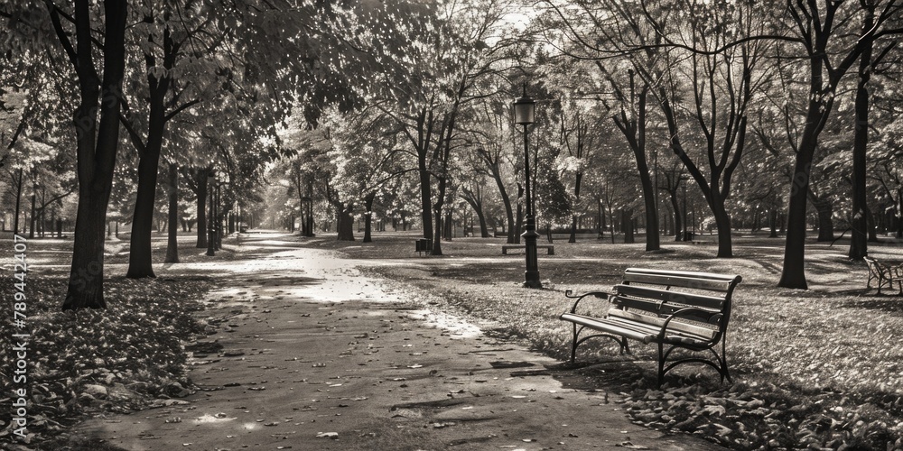 Poster a simple black and white photo of a park bench. suitable for various design projects